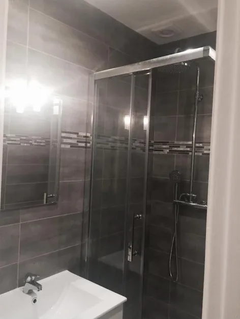 Salle de bain rénovée avec cabine de douche vitrée et carrelage gris