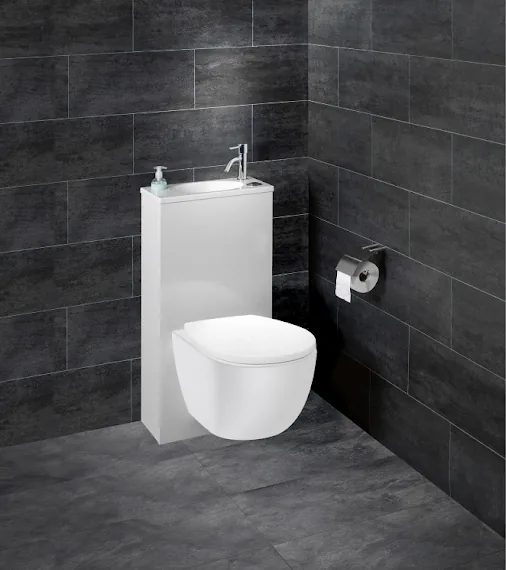 WC suspendu blanc avec lave-mains dans des toilettes carrelées gris anthracite